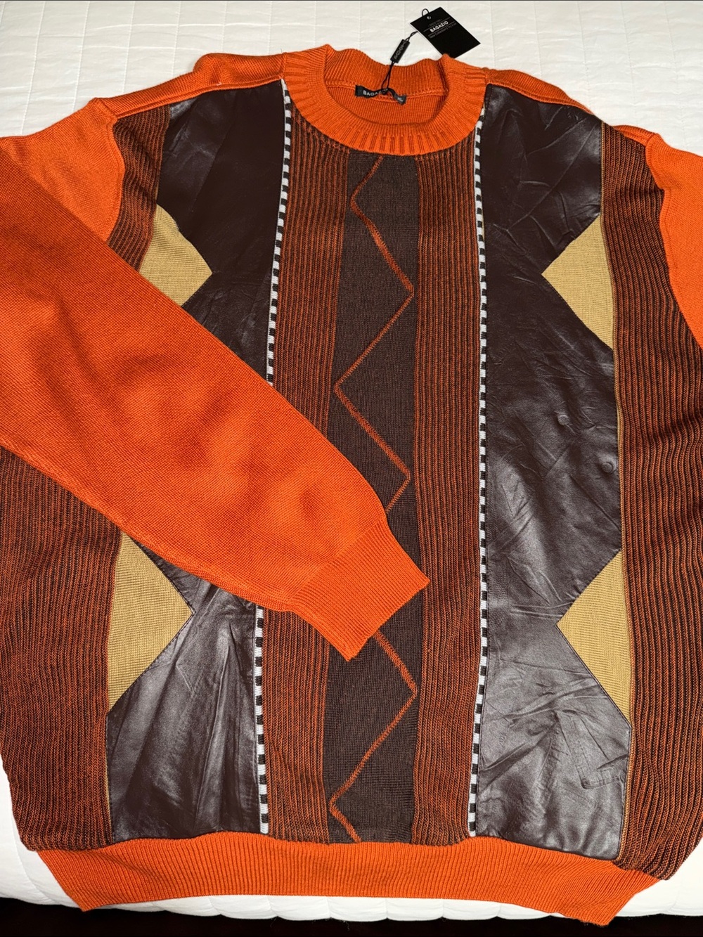 BAGAZIO XL Burnt Orange Brown Tooled Faux Leather Knit Crew Sweater